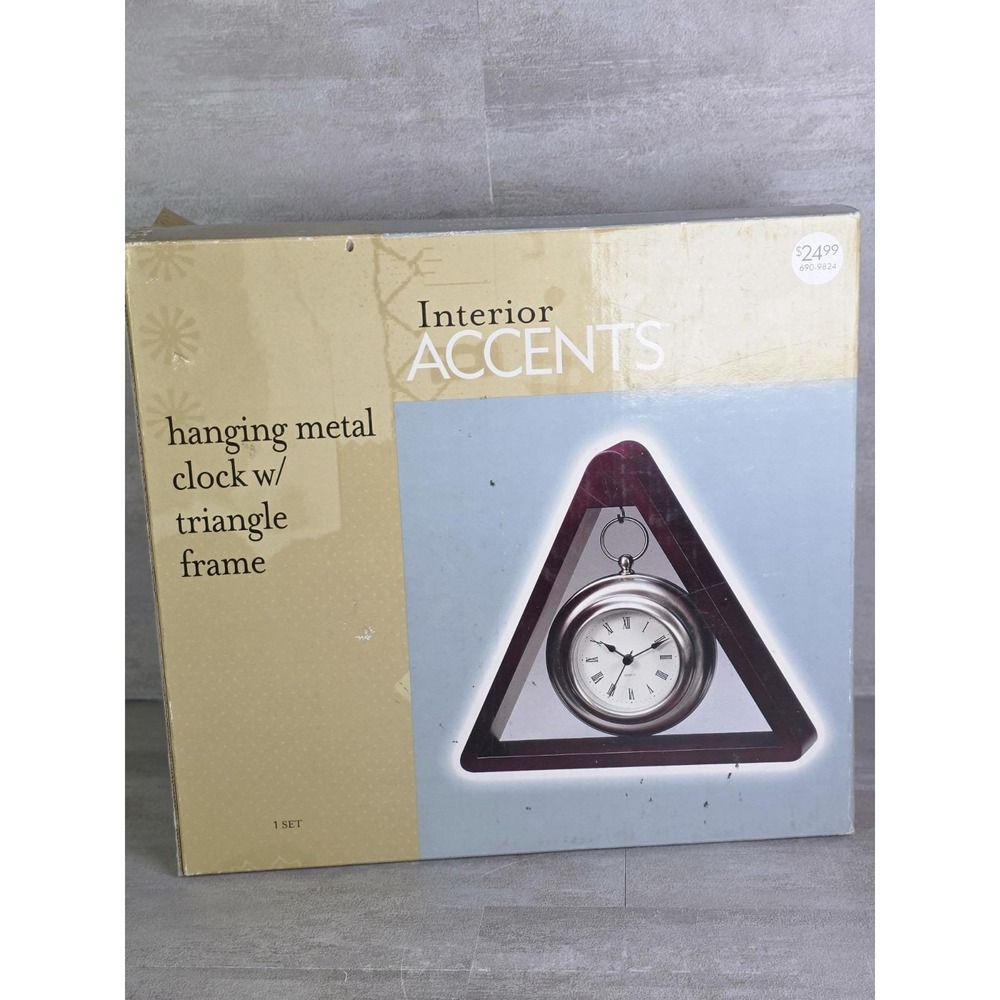 VTG Interior Accents hanging metal clock w. triangular wooden frame Shelf Decor